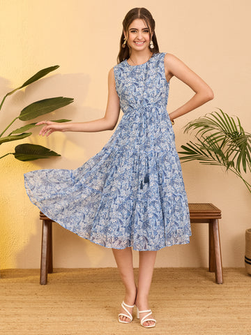 Janasya Light Blue Tiered Chiffon Dress - Dista