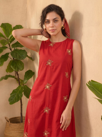 Janasya Red A-Line Cotton Dress - Dista