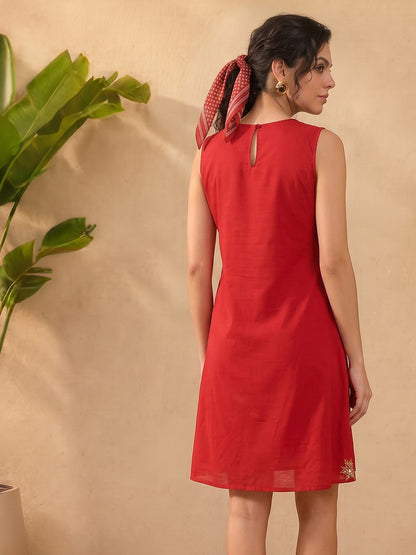 Janasya Red A-Line Cotton Dress - Dista
