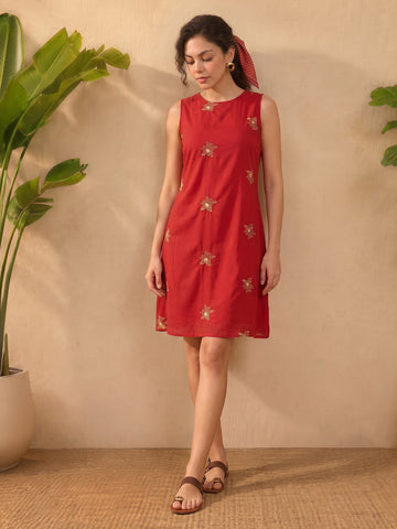Janasya Red A-Line Cotton Dress - Dista