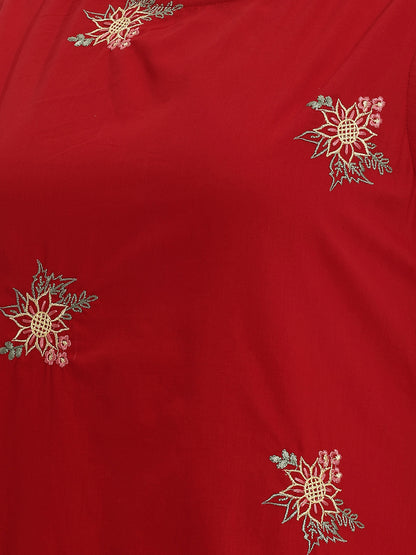 Janasya Red A-Line Cotton Dress - Dista