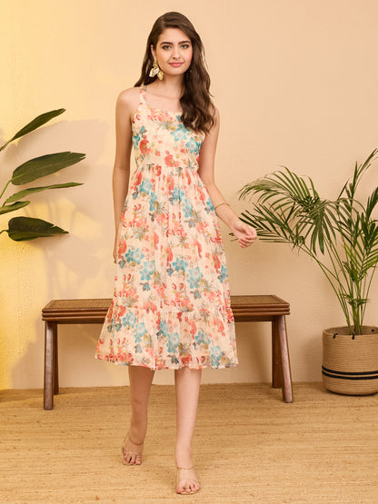 Janasya Beige Gathered Chiffon Dress - Dista