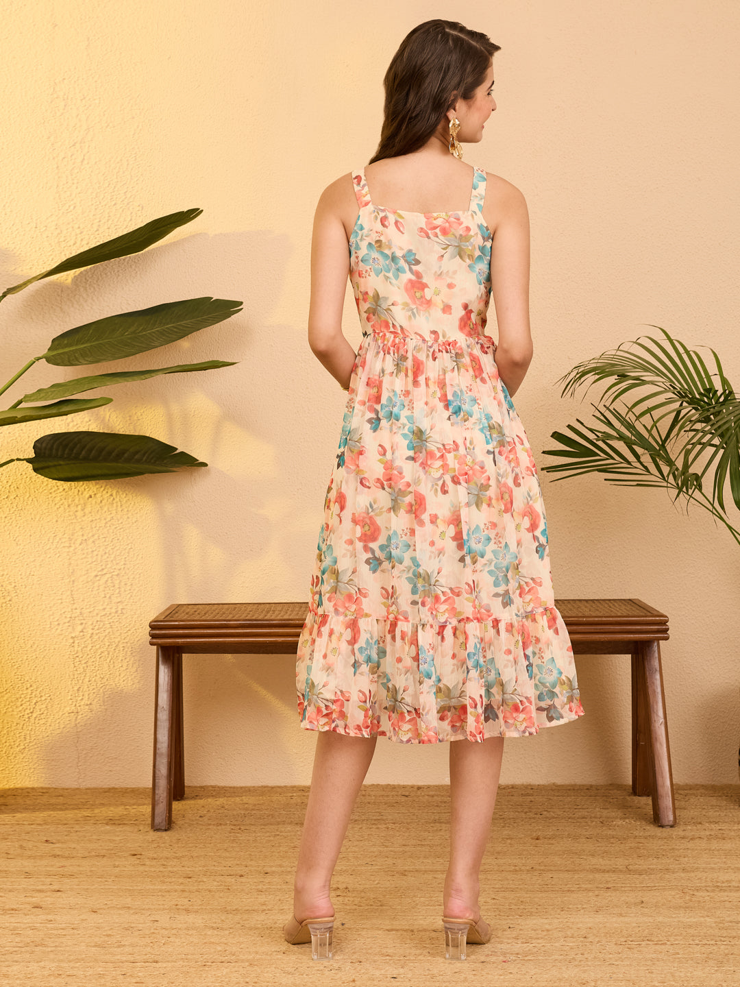 Janasya Beige Gathered Chiffon Dress - Dista