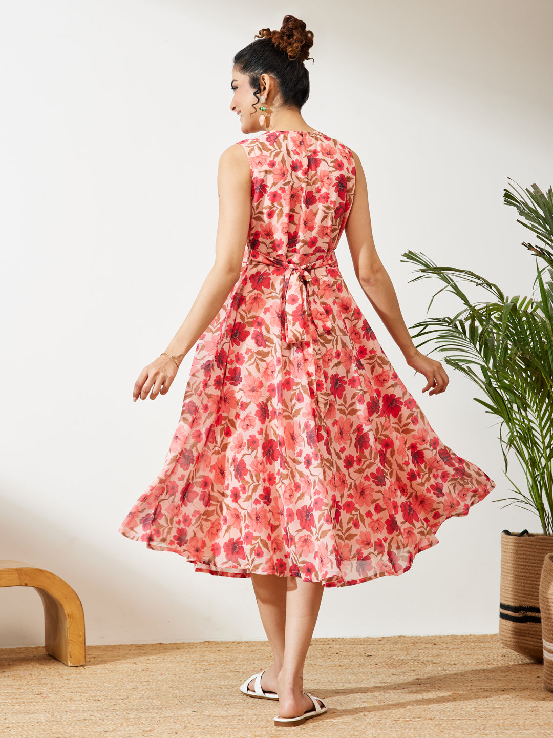 Janasya Peach Flared Georgette Dress - Dista