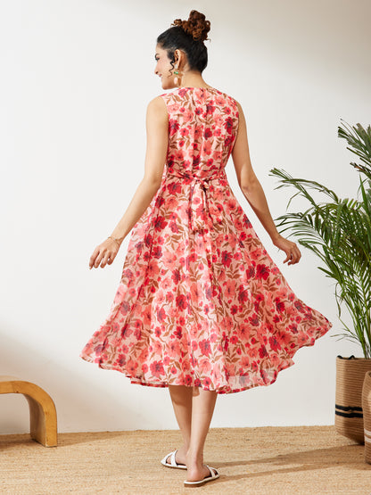 Janasya Peach Flared Georgette Dress - Dista