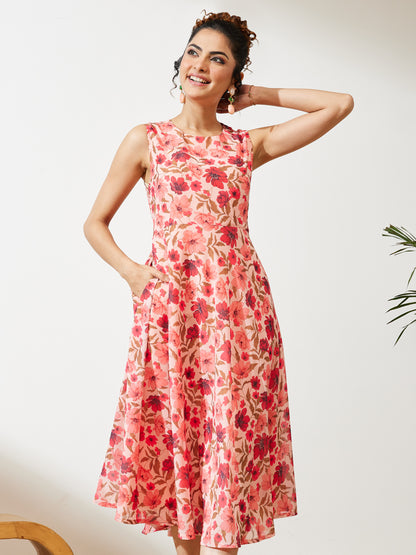 Janasya Peach Flared Georgette Dress - Dista