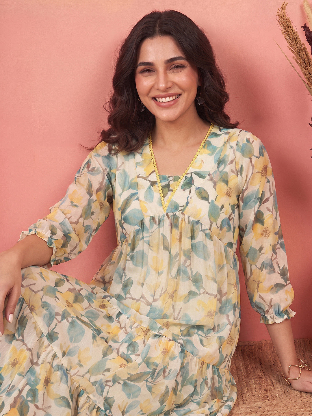 Janasya Yellow Tiered Chiffon Dress - Dista