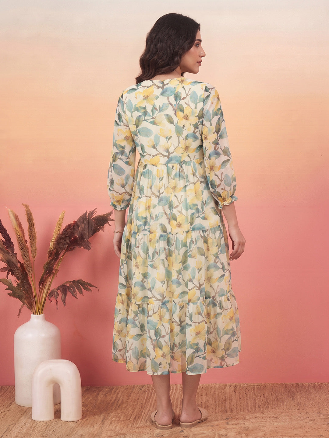 Janasya Yellow Tiered Chiffon Dress - Dista