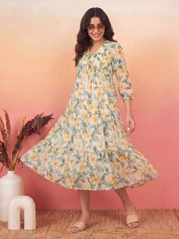 Janasya Yellow Tiered Chiffon Dress - Dista