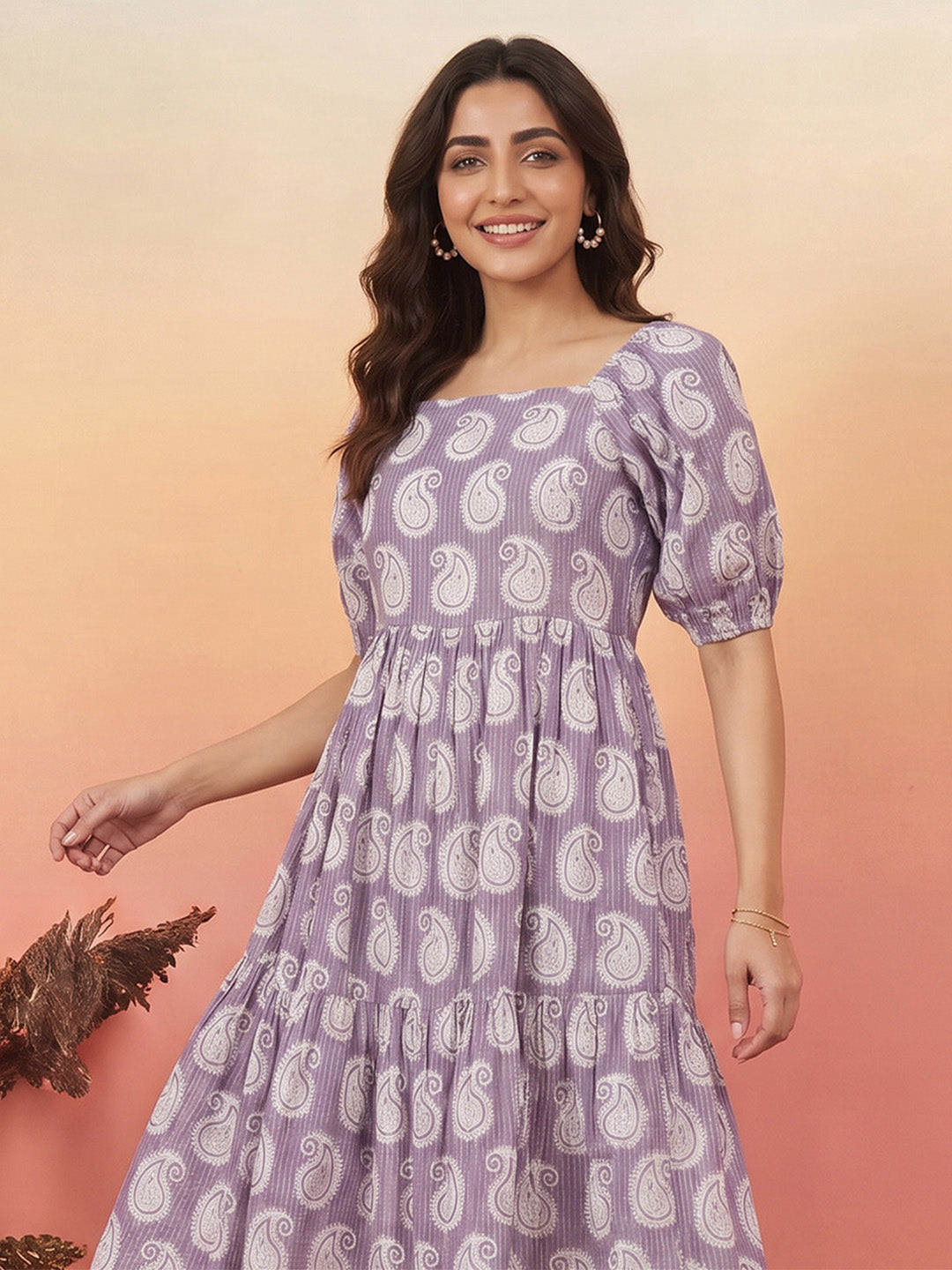 Janasya Purple Gathered Cotton Dress - Dista