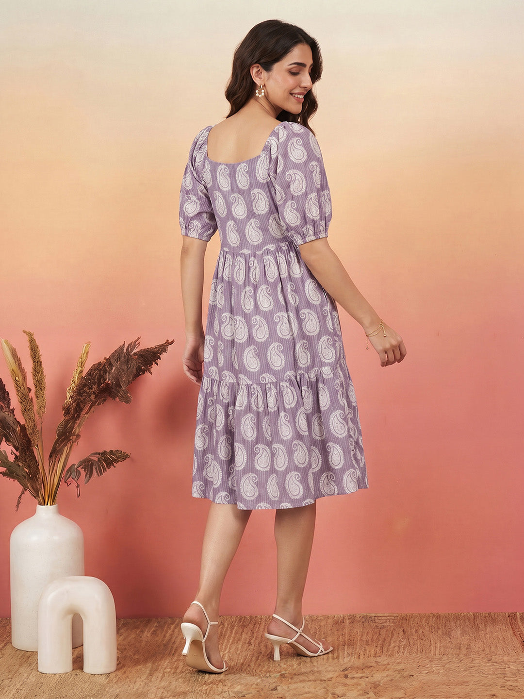 Janasya Purple Gathered Cotton Dress - Dista