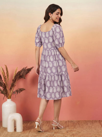Janasya Purple Gathered Cotton Dress - Dista