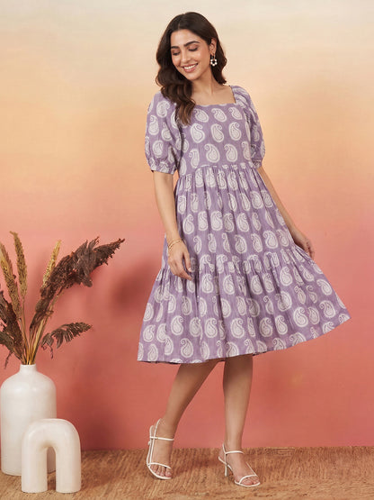 Janasya Purple Gathered Cotton Dress - Dista