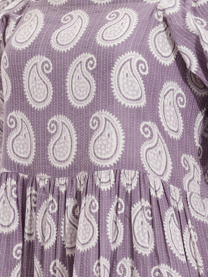 Janasya Purple Gathered Cotton Dress - Dista