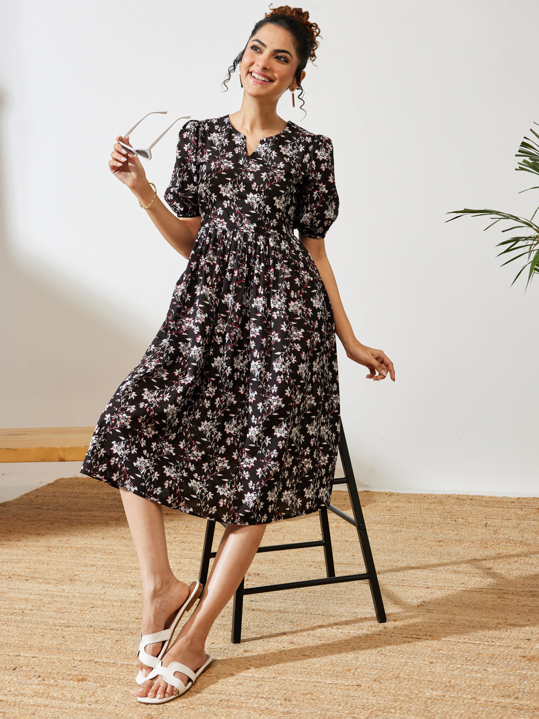 Janasya Black Gathered Cotton Dress - Dista