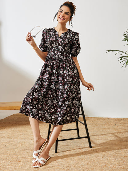Janasya Black Gathered Cotton Dress - Dista
