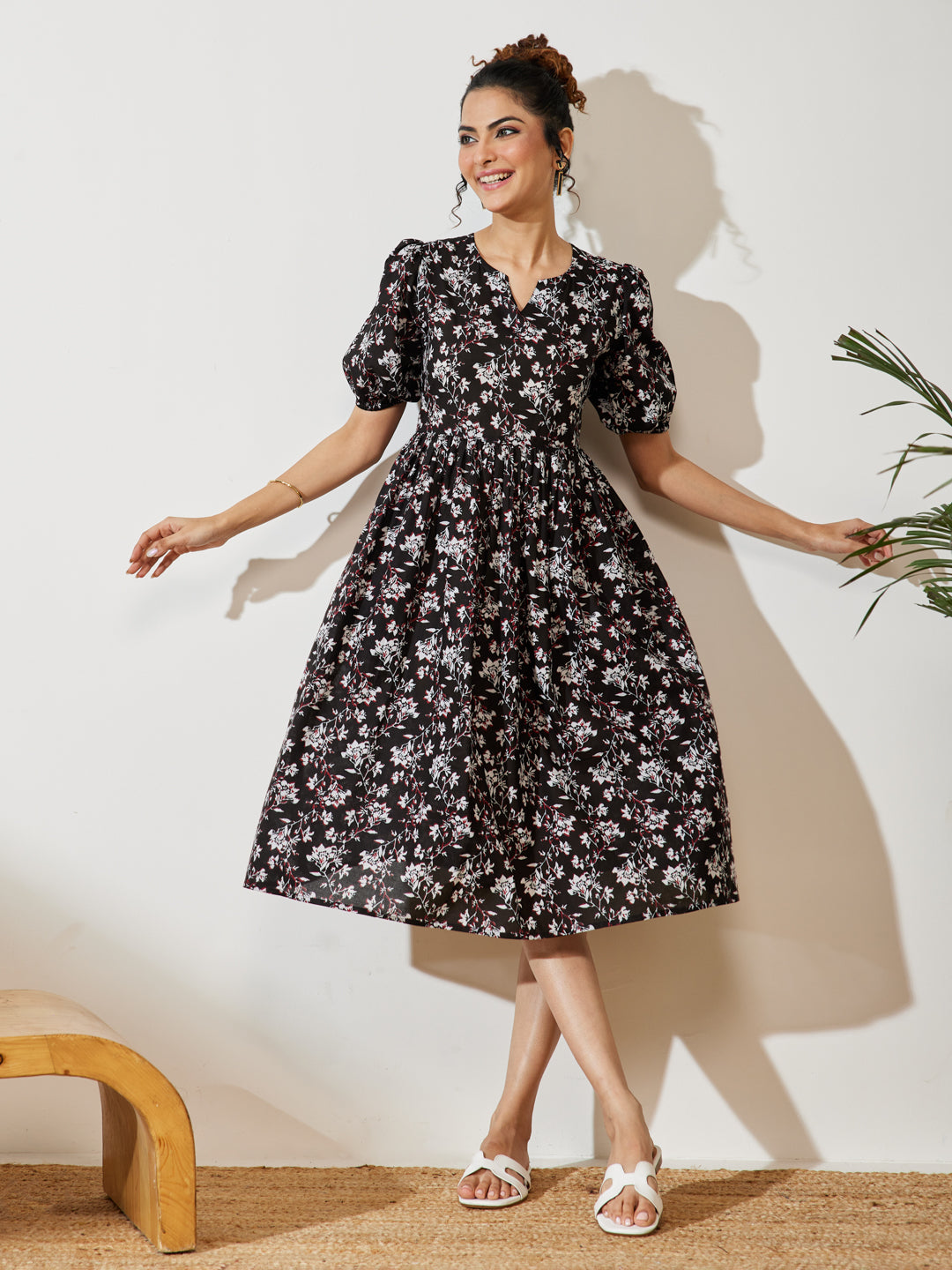 Janasya Black Gathered Cotton Dress - Dista