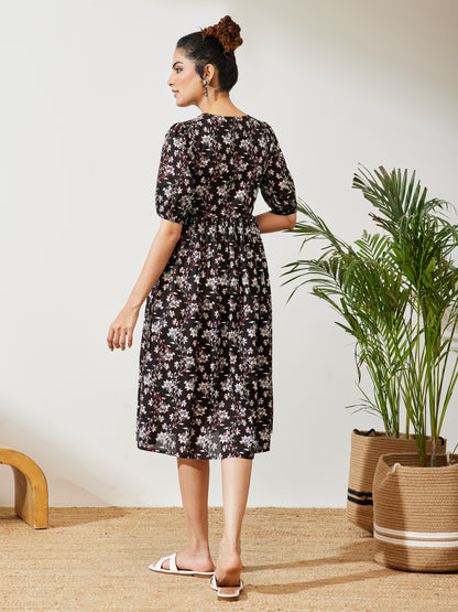 Janasya Black Gathered Cotton Dress - Dista