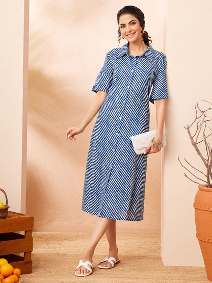 Janasya Blue A-Line Cotton Dress - Dista