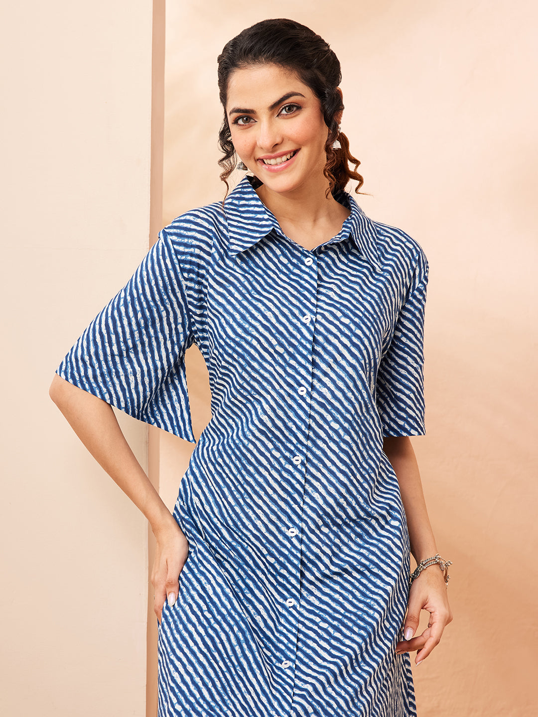 Janasya Blue A-Line Cotton Dress - Dista