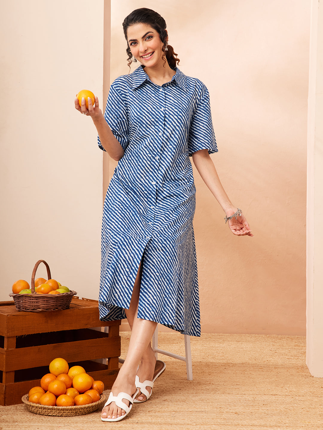 Janasya Blue A-Line Cotton Dress - Dista
