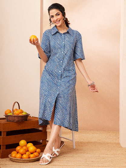 Janasya Blue A-Line Cotton Dress - Dista