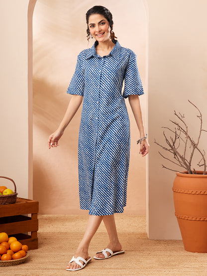 Janasya Blue A-Line Cotton Dress - Dista