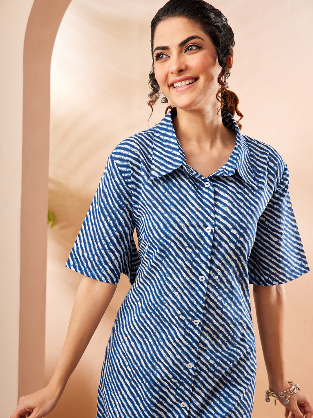 Janasya Blue A-Line Cotton Dress - Dista