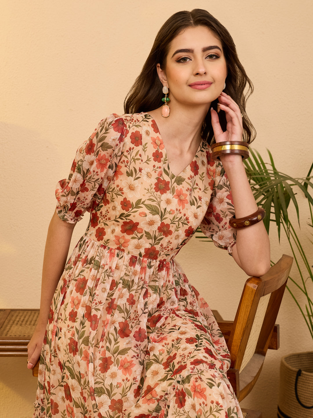 Janasya Beige Gathered Chiffon Dress - Dista