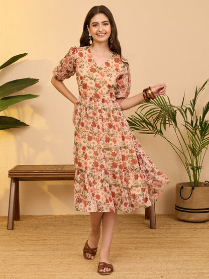Janasya Beige Gathered Chiffon Dress - Dista