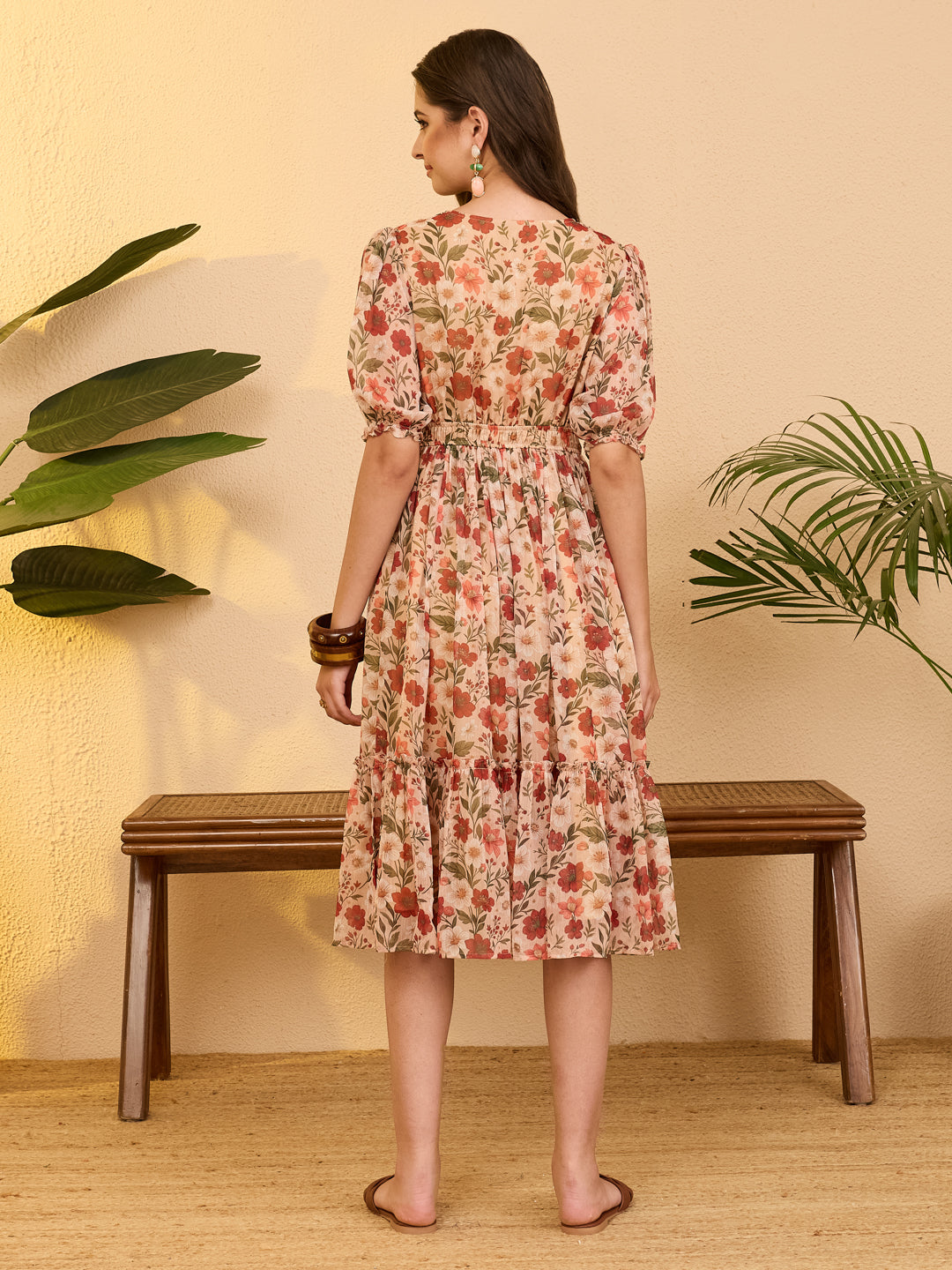 Janasya Beige Gathered Chiffon Dress - Dista