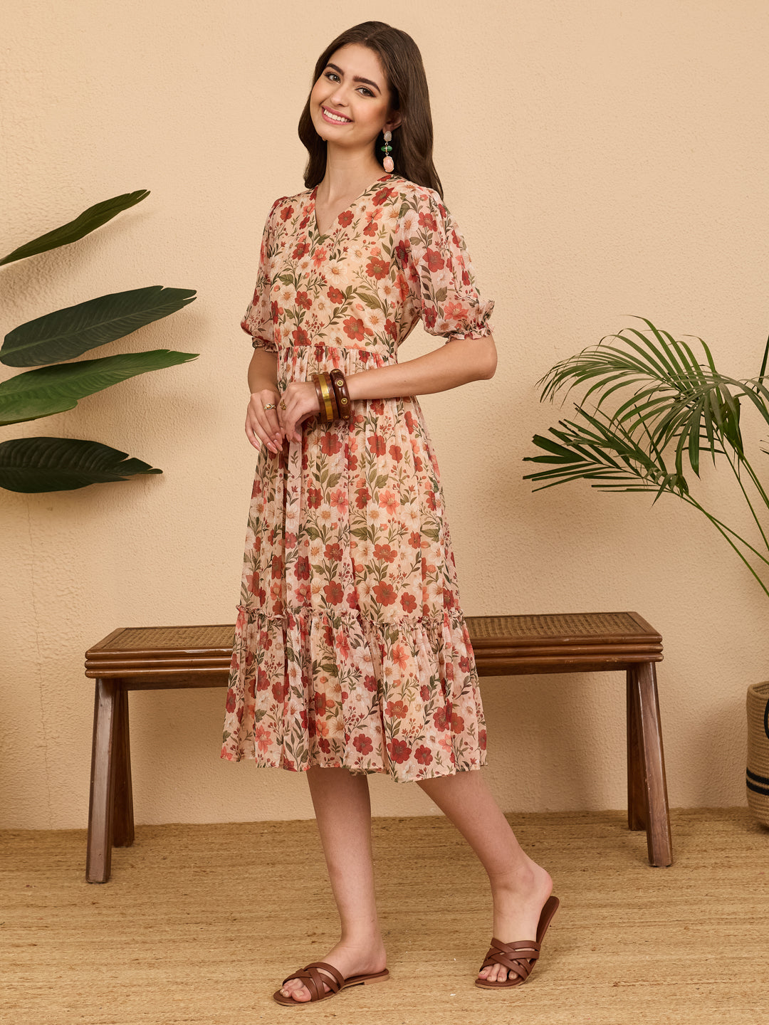 Janasya Beige Gathered Chiffon Dress - Dista