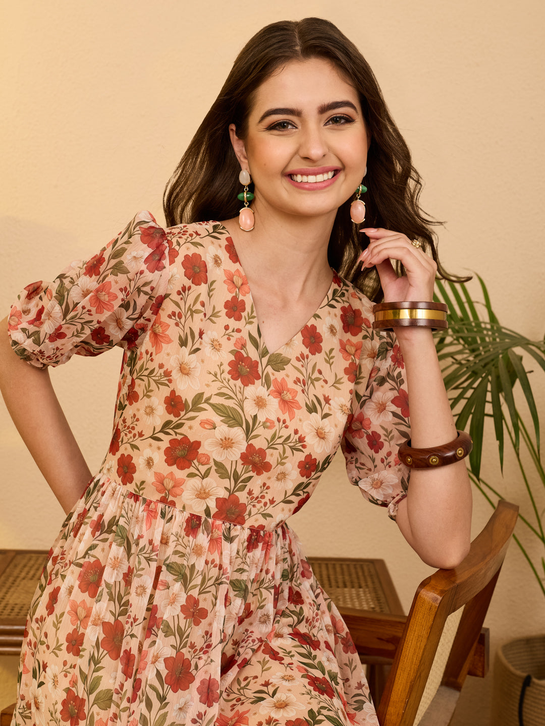Janasya Beige Gathered Chiffon Dress - Dista