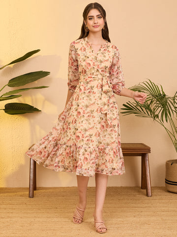 Janasya Beige Fit & Flare Chiffon Dress - Dista