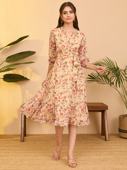 Janasya Beige Fit & Flare Chiffon Dress - Dista