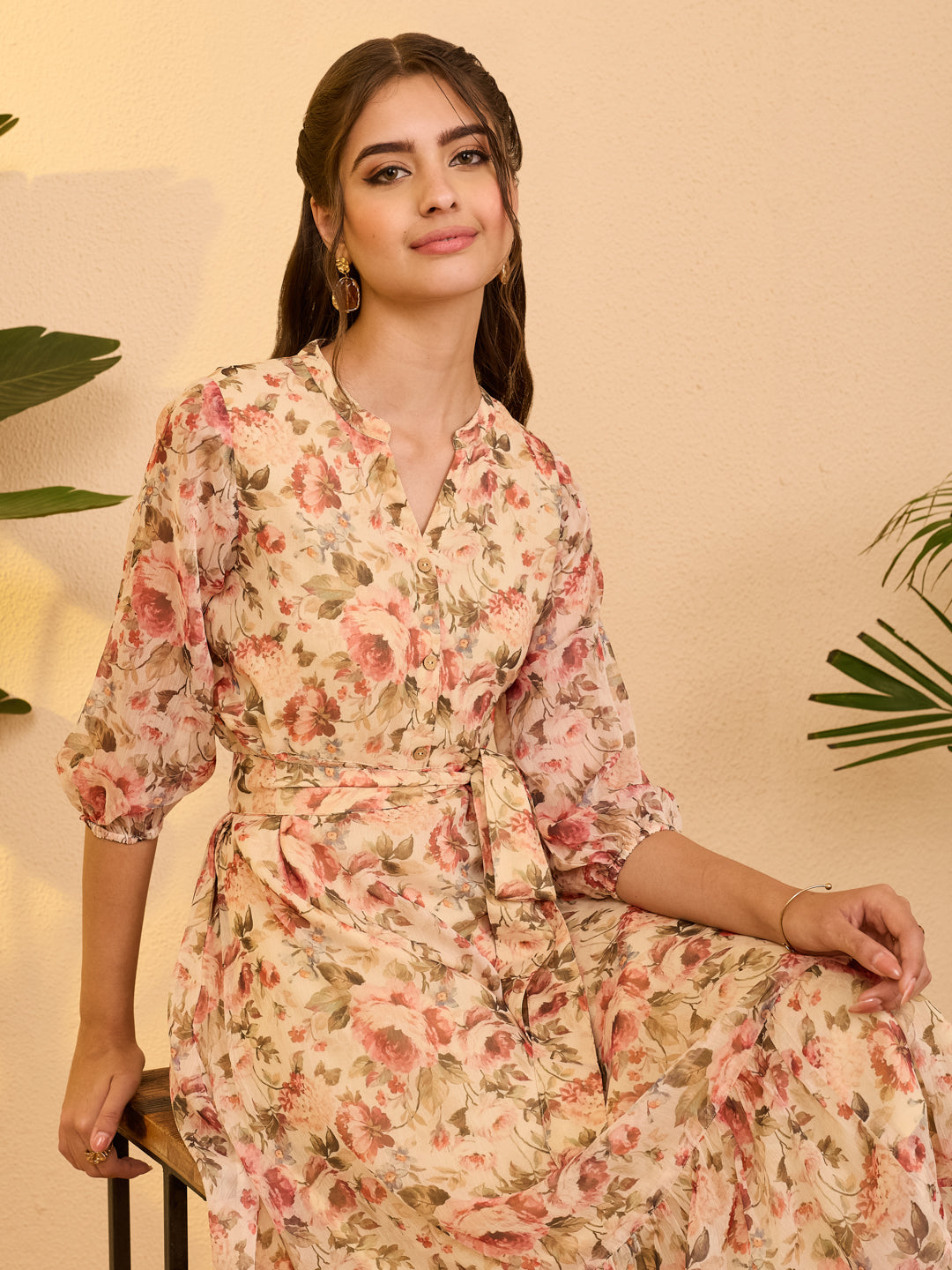 Janasya Beige Fit & Flare Chiffon Dress - Dista