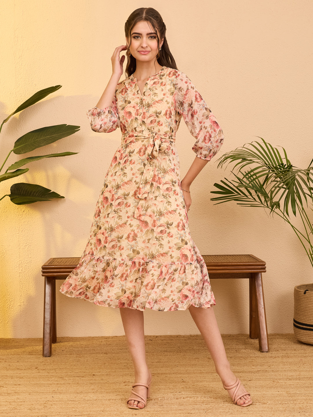 Janasya Beige Fit & Flare Chiffon Dress - Dista
