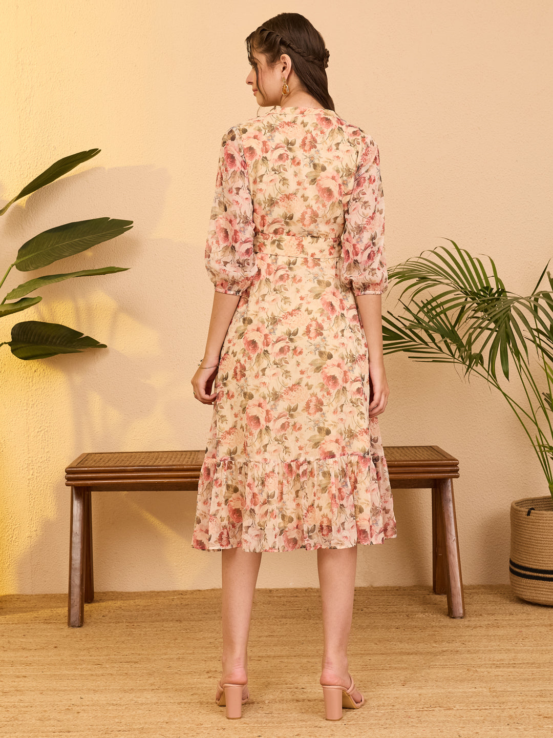 Janasya Beige Fit & Flare Chiffon Dress - Dista