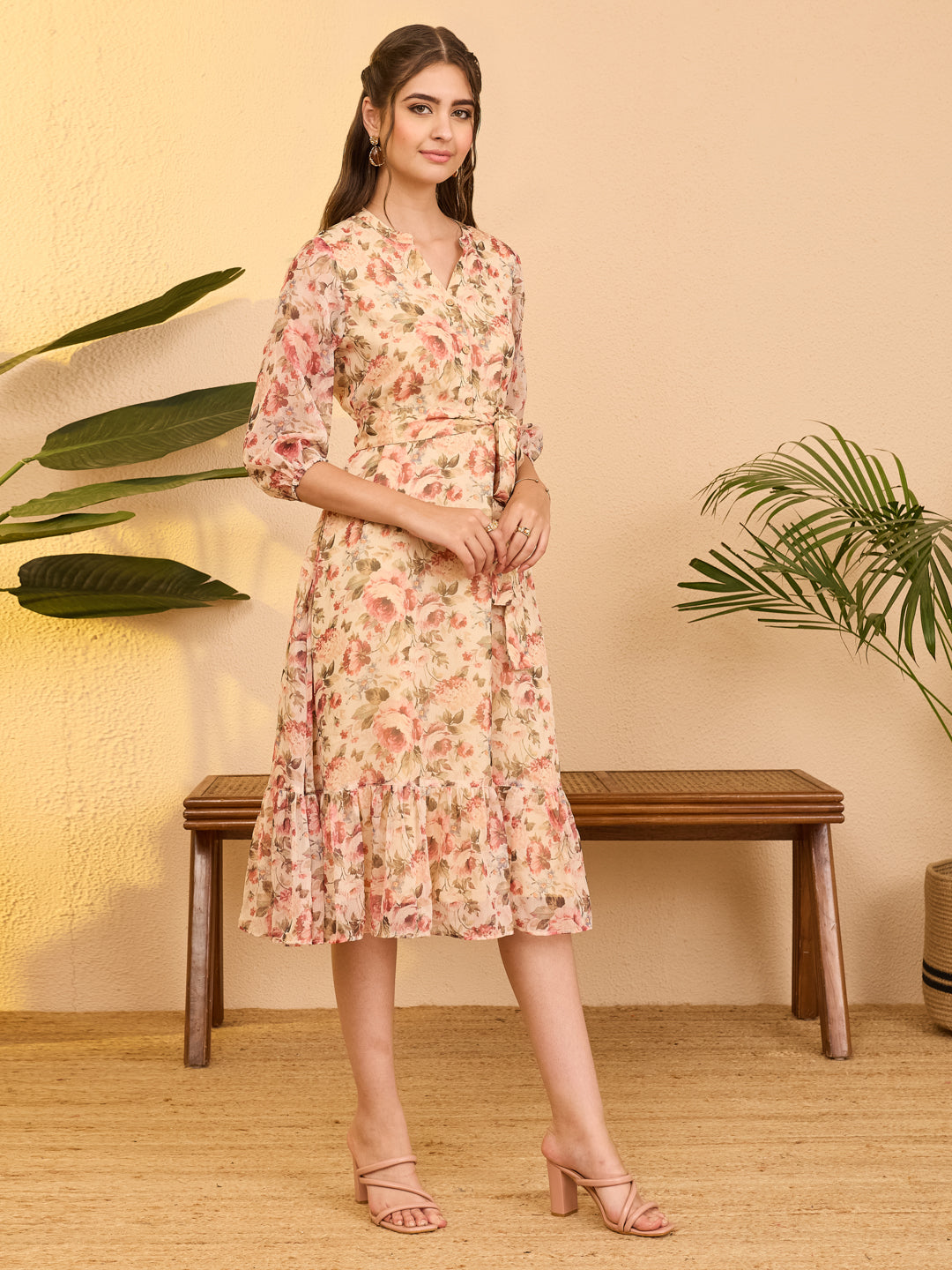 Janasya Beige Fit & Flare Chiffon Dress - Dista