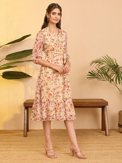 Janasya Beige Fit & Flare Chiffon Dress - Dista