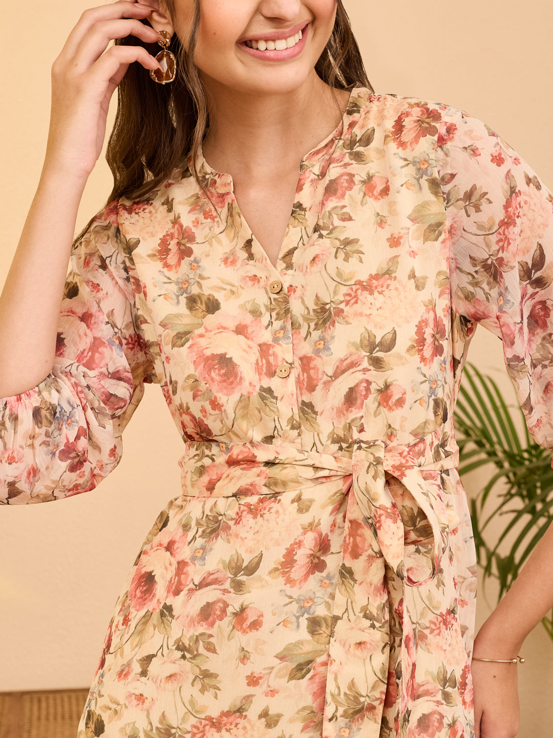 Janasya Beige Fit & Flare Chiffon Dress - Dista