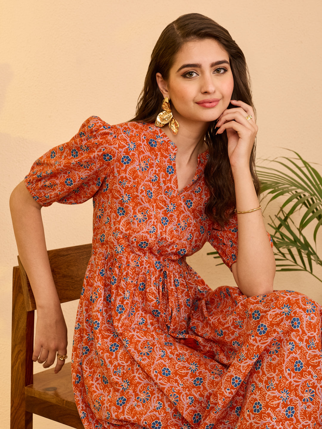 Janasya Orange Fit & Flare Cotton Dress - Dista
