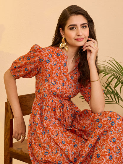 Janasya Orange Fit & Flare Cotton Dress - Dista