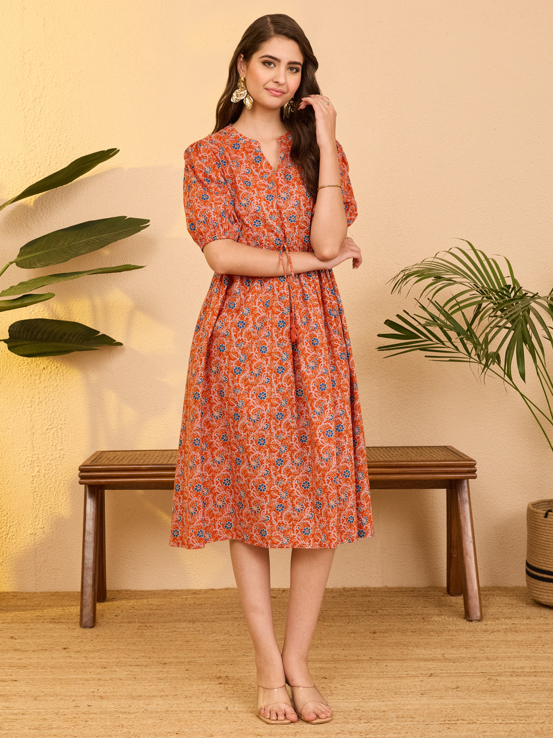 Janasya Orange Fit & Flare Cotton Dress - Dista