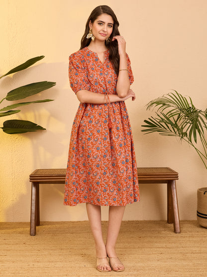 Janasya Orange Fit & Flare Cotton Dress - Dista
