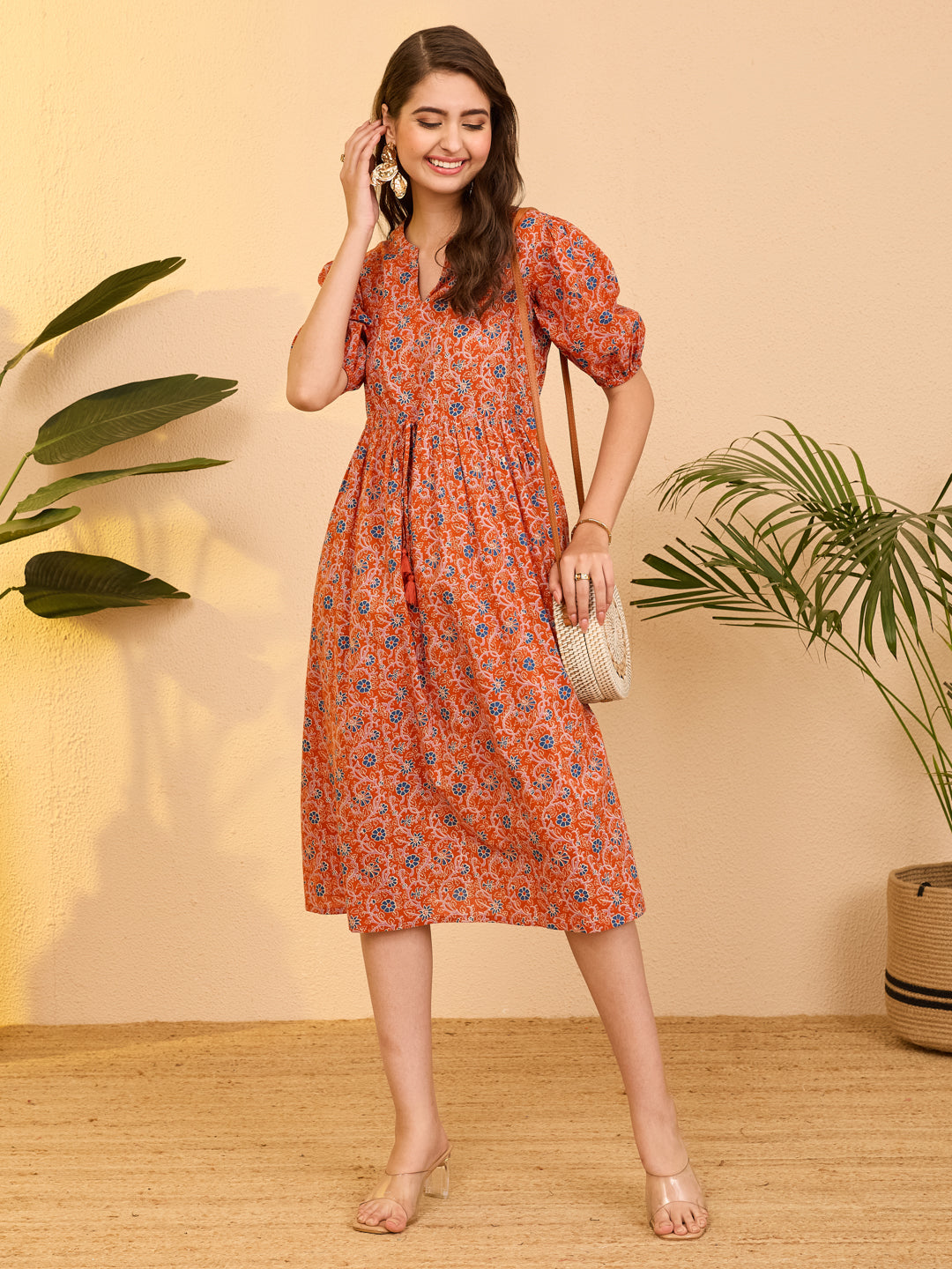 Janasya Orange Fit & Flare Cotton Dress - Dista