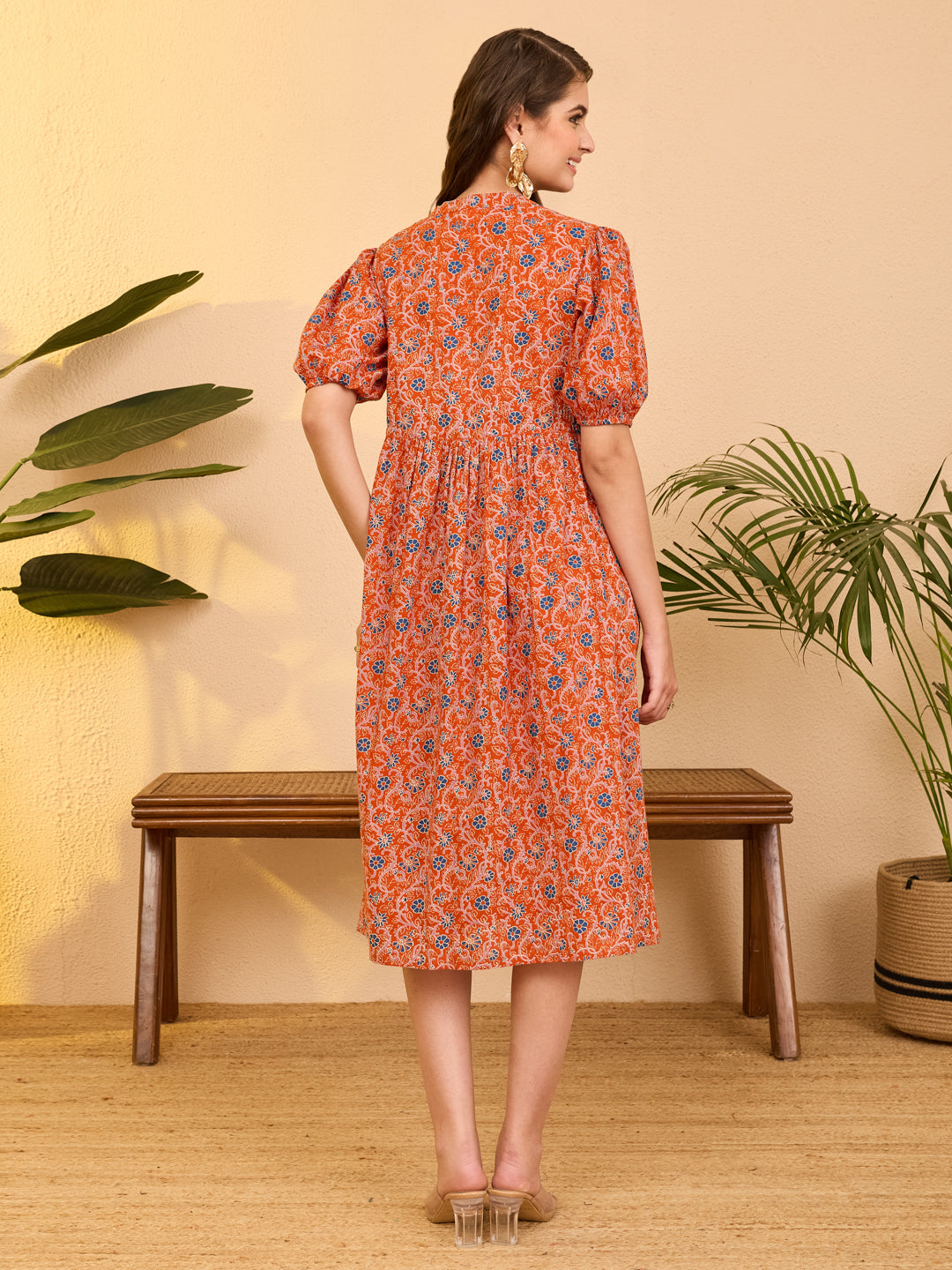 Janasya Orange Fit & Flare Cotton Dress - Dista