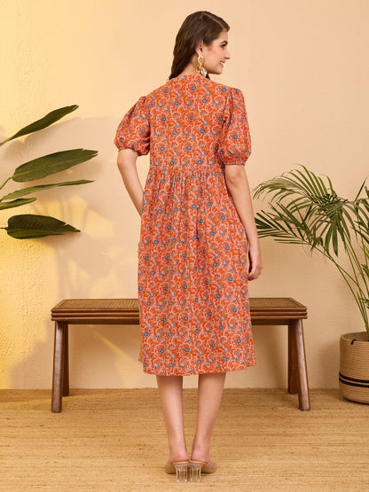 Janasya Orange Fit & Flare Cotton Dress - Dista