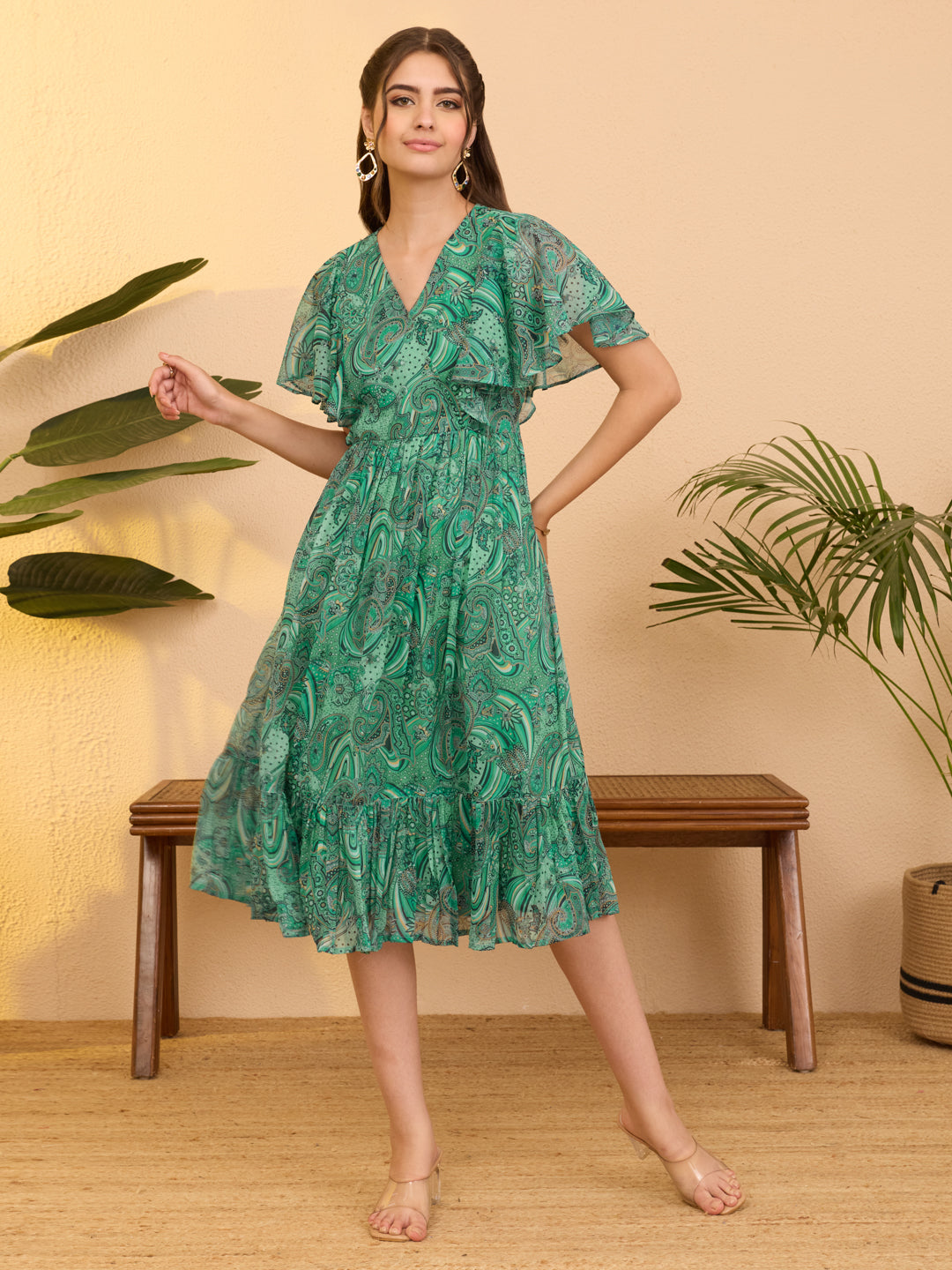 Janasya Aqua Flared Georgette Dress - Dista