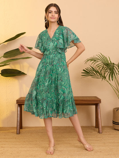 Janasya Aqua Flared Georgette Dress - Dista